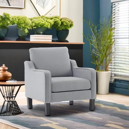 VINGLI Mid Century Modern Accent Chair, Light Grey Fabric Accent Chairs for Living Room Upholstered Armchair with Scooped Arms for Bedroom, Apartment, Studio, Office, Waiting Room