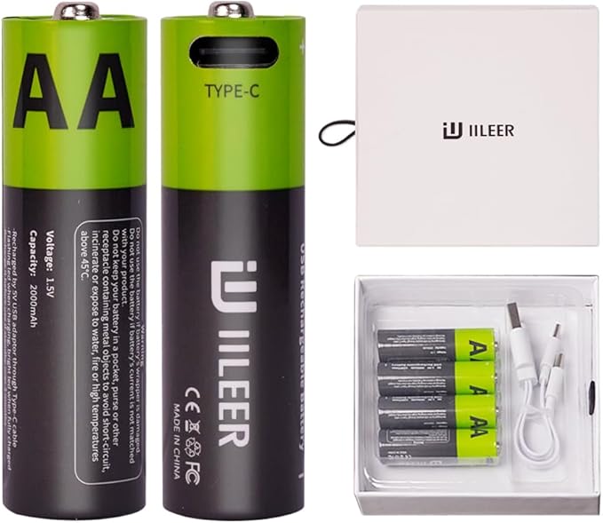 2000mAh USB-C Rechargeable AA Batteries, 1200 Cycles Life, Fast Charging with Type-C Cable, for Gaming Controllers, Mouse, Keyboard & Home Electronics, Black Green (24)