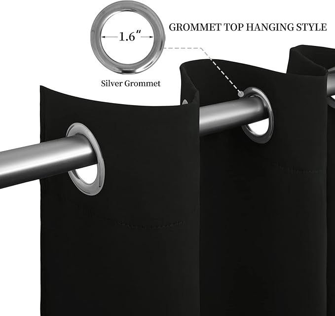 Easy-Going Blackout Curtains for Bedroom, Solid Thermal Insulated Grommet and Noise Reduction Window Drapes, Room Darkening Curtains for Living Room, 2 Panels (52x96 in,Black)