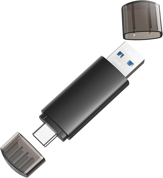 128GB USB C Flash Drive Dual USB 3.1 Flash Drive Type C + USB A Portable Type-C Flash Drive 2-in-1 USB-C Thumb Drive for Smartphone Tablet Computer Mac iPhone 15 Black