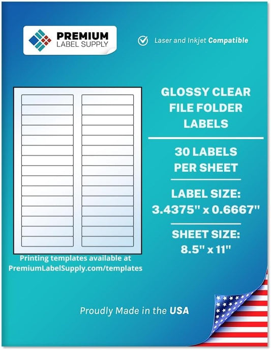 Premium Label Supply Glossy Clear File Folder Labels â 3.4375" x 0.6667" â Laser/Inkjet Compatible â (30 per Sheet), 10 Sheets â 300 Total Adhesive Labels