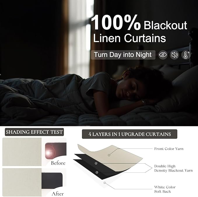 Long Black Out Curtains 108 Inch Length 2 Panel Complete Blackout Full Light Blocking Heat Winter Cold Thermal Insulated Neutral Linen Drape for Bedroom Living Room Cloth Canvas Textured 9 FT Beige