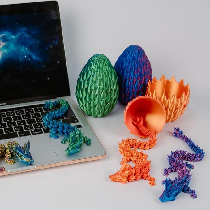 3D Printed 12” Articulated Crystal Dragon Inside 5.1” Egg - Unique Collectible, Fidget Toy, Fantasy Home & Office Desk Decor (Laser Red)