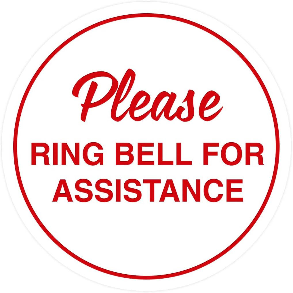 Signs ByLITA Circle Please Ring Bell For Assistance Wall or Door Sign | Easy Installation | Front Desk Reception Sign (White/Red) - Small (5 Pack)
