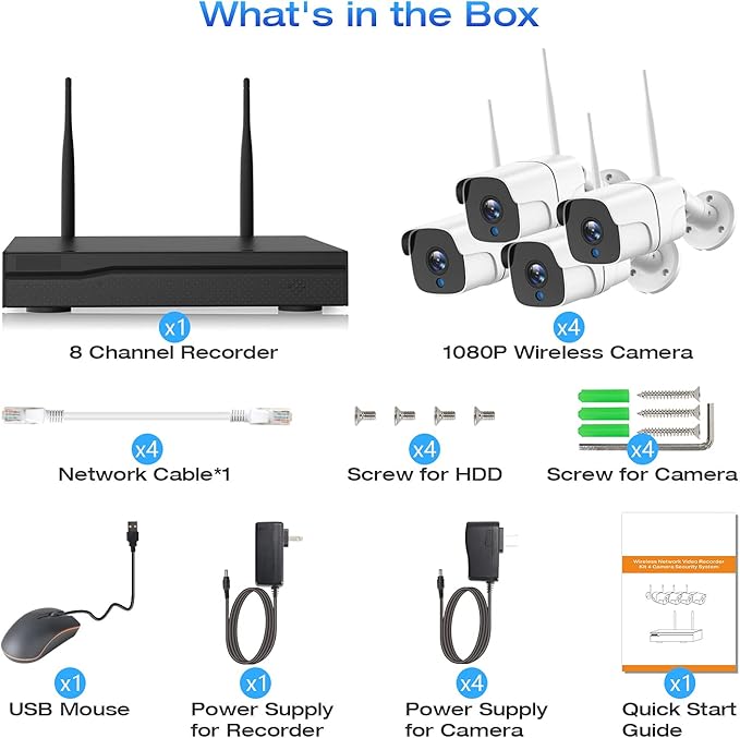Wireless Security Camera System, with 8CH 4K NVR (500GB HDD Pre-Installed) & 4X 2MP Night Vision WiFi Cameras - Expandable to 8 Cameras, Indoor/Outdoor Security, Motion Alerts, H.265+