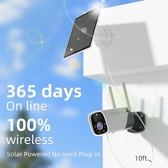 2K Solar Panel for Security Camera Outdoor, Solar Powered Surveillance Camera System with IP65, Color Night Vision, 2 Way Talk, Spotlight & Siren, Compatible with Alexa, AI Detection, No Monthly Fee