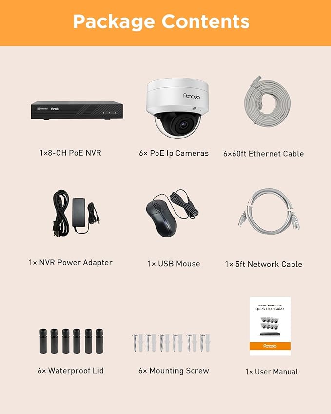 PoE Security Camera System, 6X Wired 5MP IK10 Vandal-Proof PoE Dome Cameras Outdoor with Person Detection, 100ft IR Night Vision, Remote Access, 4K 8 Channel NVR 2TB HDD, PD54A0608-5M2