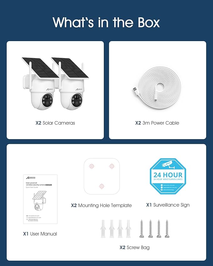 ANRAN Solar Security Cameras Wireless Outdoor,2K Cameras for Home Security with Fixed Solar Panel, 360° PTZ for Home Surveillance,2.4G WiFi, PIR Human Detection, 3MP Color Night Vision, 2 Pack