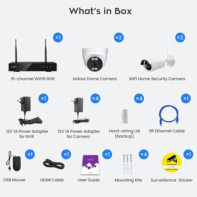 xmartO 10CH 4 Pcs Home Security Camera Kit, 2 * 2K HD Dome Camera and 2 * 2K 3MP Super HD WiFi Home Security Camera, 2-Way Audio, Night Vision, 24/7 Surveillance Camera, No Monthly Fee
