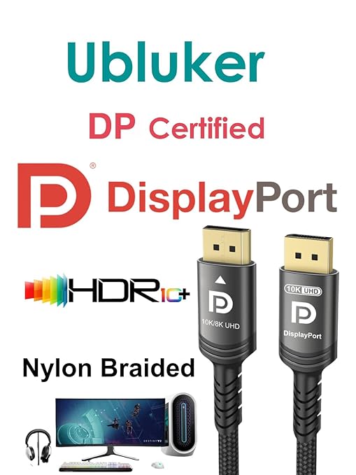 10K 8K DisplayPort 2.1 Cable 54Gbps 1.64 FT, Certified DP to DP Cord 4K 240Hz 165Hz 144Hz 120Hz 10K 8K 120Hz Nylon Braided UHBR HDCP2.3 FreeSync G-Sync RTX5090 Gaming Monitor PC Projector