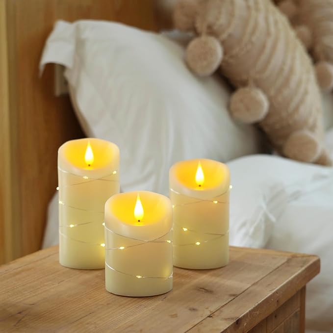 Homemory Flameless Candles with String Lights, 3 Pack Embedded Fairy String Lights LED Candles, Electric Flickering Candles with Remote Control and Timer, Real Wax, Ivory White