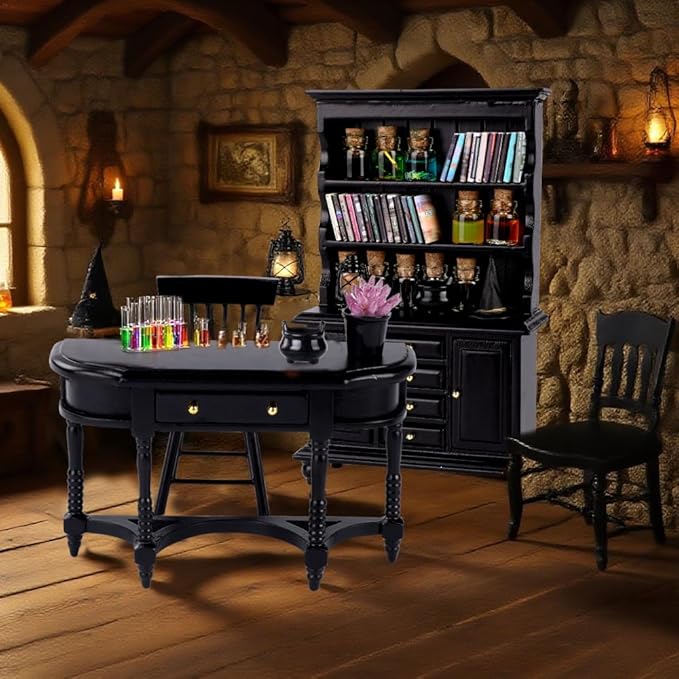 56 Pcs Halloween Miniatures Decorations 1:12 Scale Magic House Accessories Mini Wooden Bookshelf Furniture Set Tiny Sorcery Bottles Books Desk Chair Witch Hat Dollhouse Decor