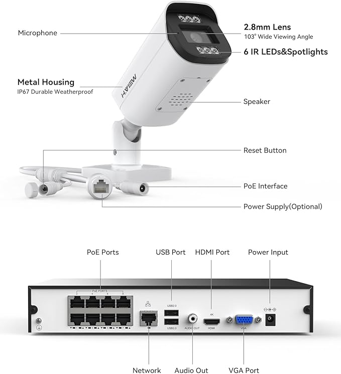 H.VIEW 4K 8MP 8CH POE NVR Security Camera System (16CH Expandable), 4 x 8MP PoE IP Bullet Cameras Outdoor Indoor, AI Human/Person/Face Detection, Two-Way Audio, 100ft IR Night Vision, 3TB HDD