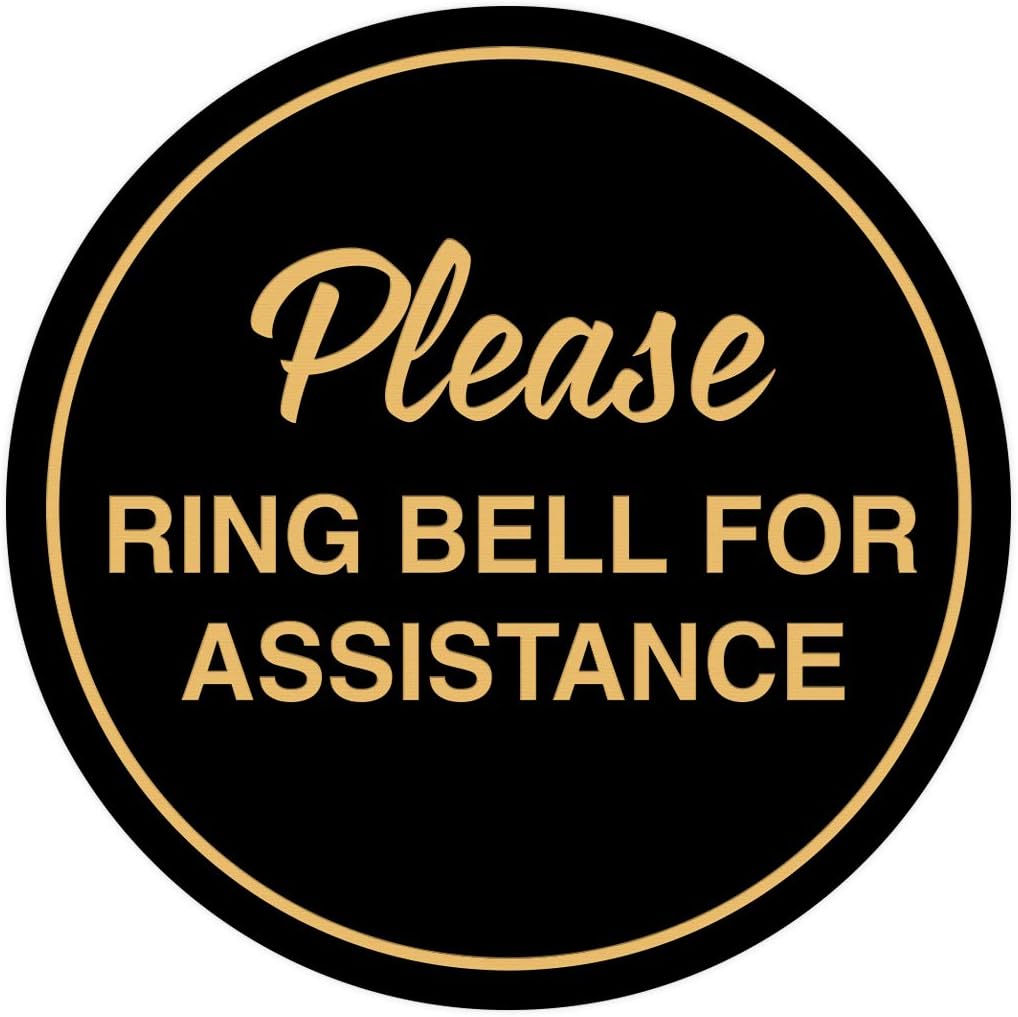 Signs ByLITA Circle Please Ring Bell For Assistance Wall or Door Sign | Easy Installation | Front Desk Reception Sign (Black Gold) - Medium (5 Pack)