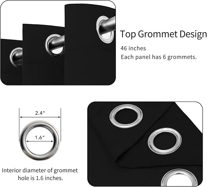 Easy-Going Blackout Curtains for Bedroom, Solid Thermal Insulated Grommet and Noise Reduction Window Drapes, Room Darkening Curtains for Living Room, 2 Panels(46x63 in, Black)