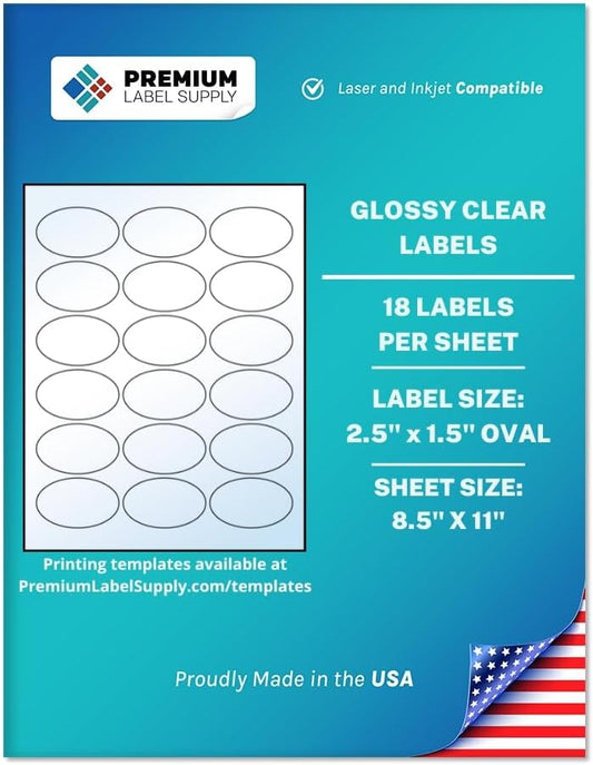 Premium Label Supply Glossy Clear Sticker Oval Labels â 2.5" x 1.5" Oval â Laser/Inkjet Compatible â (18 per Sheet), 10 Sheets â 180 Total Adhesive Labels