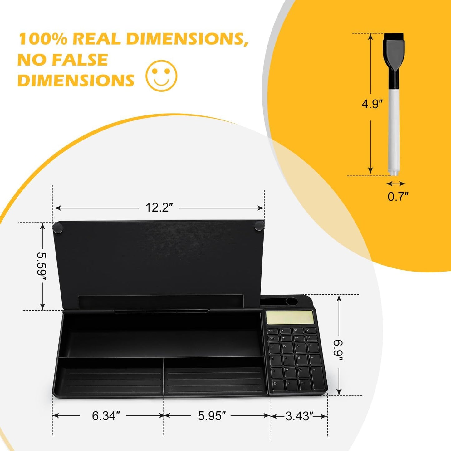 Desktop Glass Whiteboard with Calculator(12 Digit LCD Display) & Ruler Marker,Tilted Notepad Computer Keyboard Stand with Black Dry Erase Board Surface, Desk Organizers with Accessories,Black