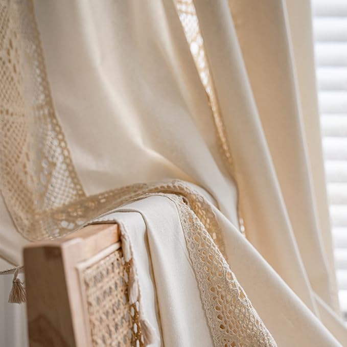 Sutuo Home Boho Curtain Crochet Lace Patchwork Semi-Blackout Bohemian Handmade Tassels, Rod Pocket Window Treatment Vintage Rustic Farmhouse Drapes for Living Bedroom, 1 Panel 59" W x 72" L, Beige