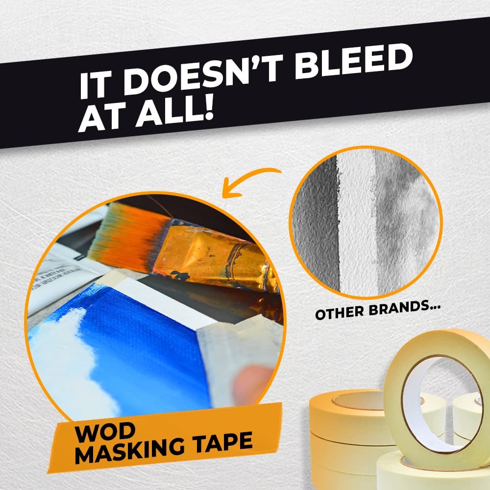WOD MT5 Utility Grade Masking Tape, 3/8 inch x 60 yds. (Pack of 96) for Home or Office air-Dry Painting, Labeling, & Packing. Leaves no Residue