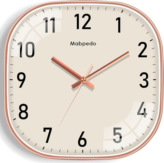 10 Inch Wall Clock, Silent Non Ticking Wall Clocks Battery Operated, Square Analog Decorative Wall Clocks for Bedroom Living Room Office Home Gym Porch Decor Indoor Outdoor Clock, Rose Gold