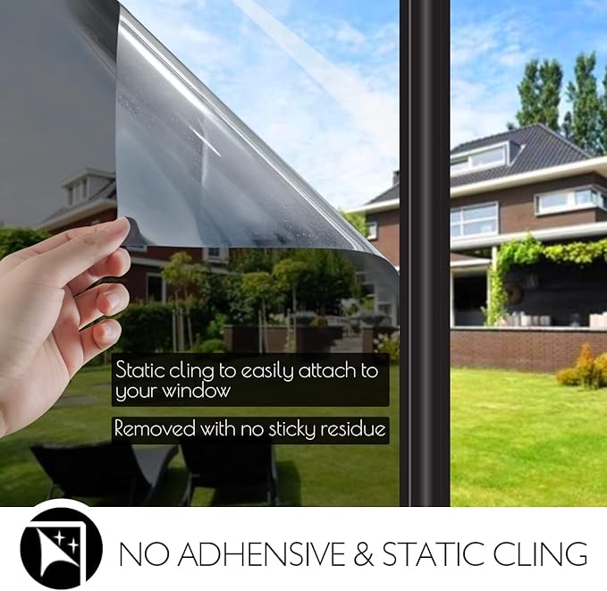 HIDBEA One Way Privacy Window Film, Daytime Mirror Reflective Heat Control UV Sun Blocking Non-Adhesive Static Cling Window Tint for Home and Office (Black-Silver, 35.4 Inch x 32.8 Feet)