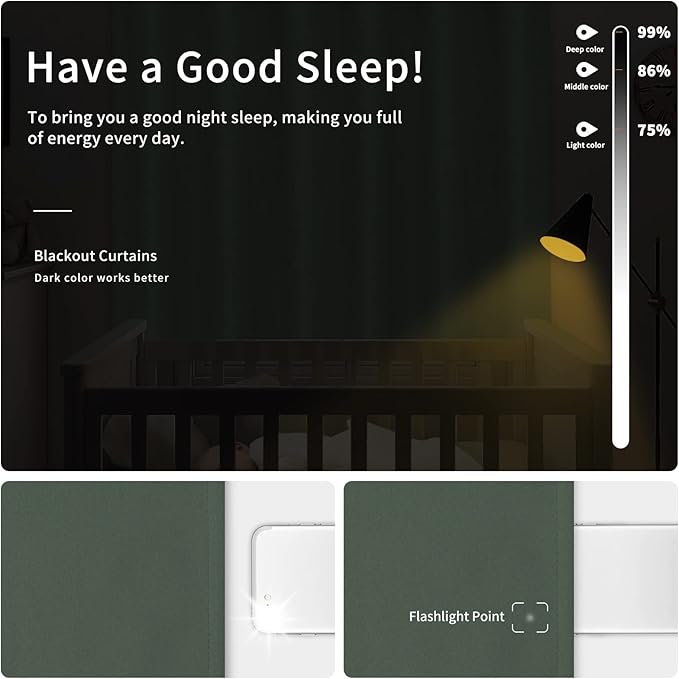 Easy-Going Blackout Curtains for Bedroom, Solid Thermal Insulated Grommet and Noise Reduction Window Drapes, Room Darkening Curtains for Living Room, 2 Panels (42x95 in, Greyish Green)