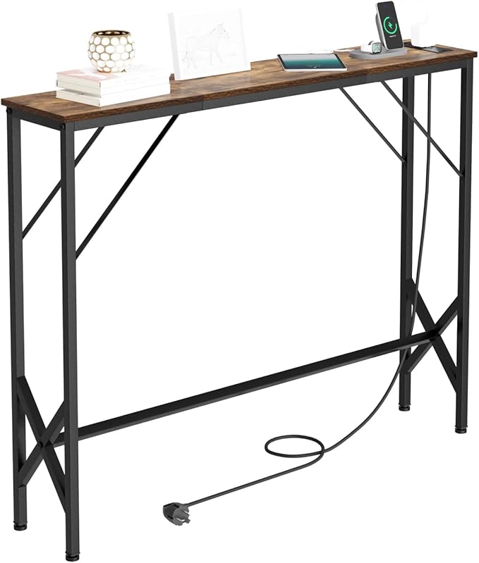 39.4" Console Table, Skinny Entryway Table with Fast-Charging Station, Narrow Long Sofa Table, Behind Slim Couch Table for Entrance, Hallway, Living Room Decor ST-BR100-1