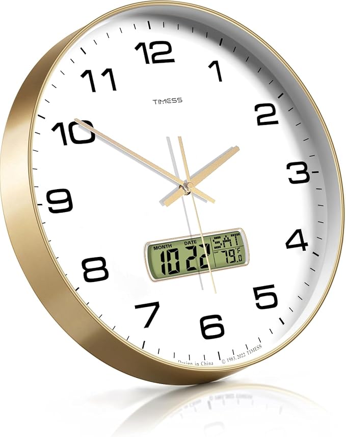 Wall Clock, 12" Dial Non-Ticking Silent Battery Operated Analog with LCD Display for Perpetual Calendar and F° Temperature, Ideal Modern Home, Bedroom, Kitchen, Office Decor (Gold)