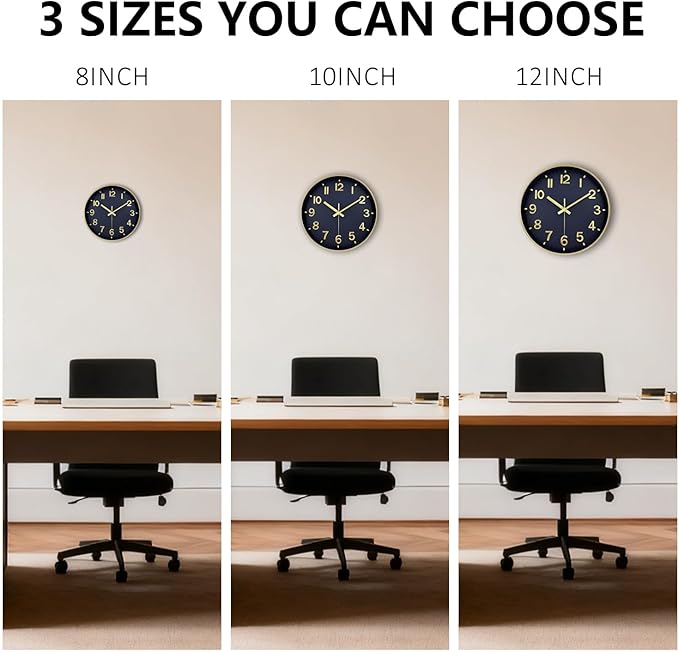Wall Clocks Battery Operated, 12Inch Non Ticking Digital Wall Clock, Silent Analog Clock for Bedroom Living Room Kitchen Office Hotel Decor, Navy Blue Large Number Clocks for Seniors Elderly