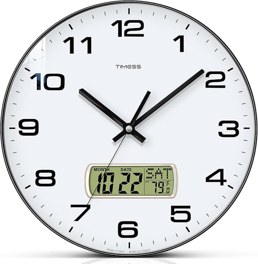 Wall Clock, 12" Dial Non-Ticking Silent Battery Operated Analog with LCD Display for Perpetual Calendar and F° Temperature, Ideal Modern Home, Bedroom, Kitchen, Office Decor (Black)