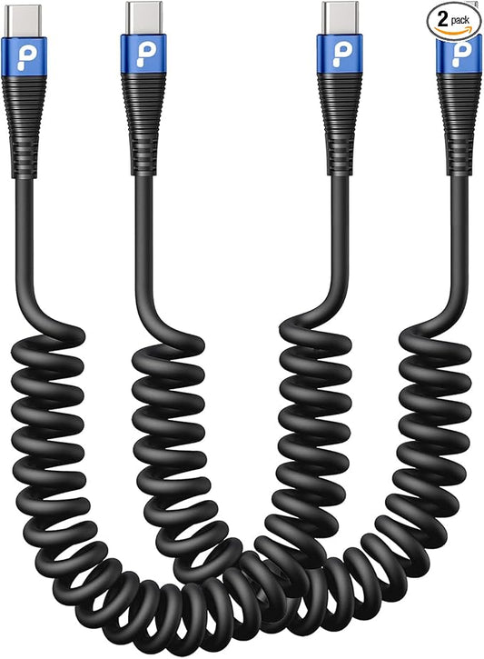 USB C Cable 100W 3FT Coiled USB C to USB C Charger Cable for Car, 2Pack Short Type C Cable Fast Charging Cable for iPhone 17/16/15/Plus/Pro Max/Samsung Galaxy S23, Compatible All Type C Devices,Blue