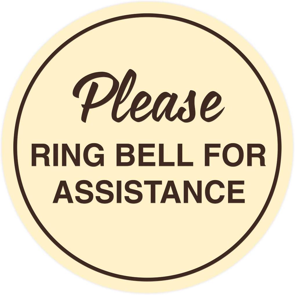 Signs ByLITA Circle Please Ring Bell For Assistance Wall or Door Sign | Easy Installation | Front Desk Reception Sign (Ivory/Dark Brown) - Medium (1 Pack)