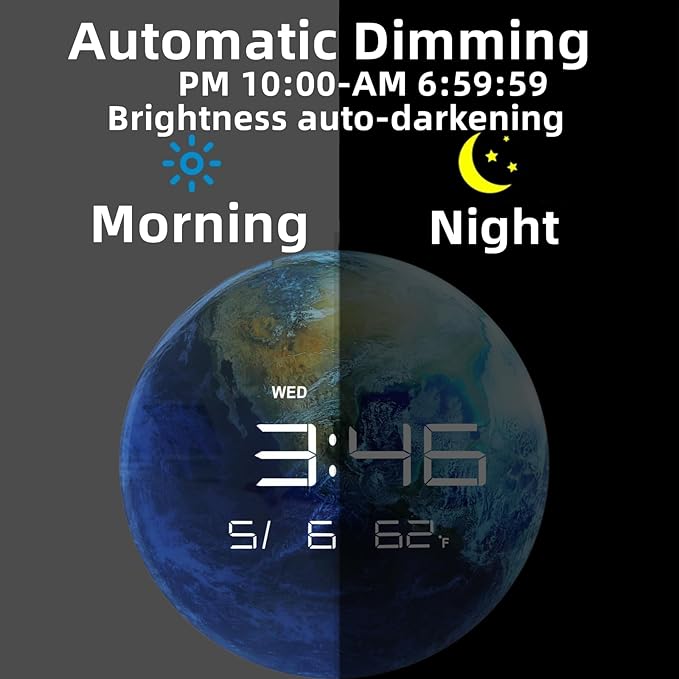 13" Digital Wall Clock with LED Display, Calendar & Temperature, Automatic Dimming, 12/24hr Format, USB Powered, Wall & Desk Use - HUI-7859