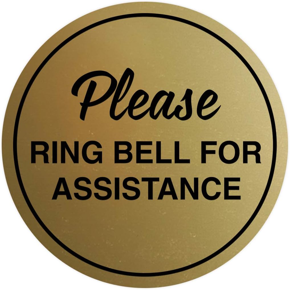 Signs ByLITA Circle Please Ring Bell For Assistance Wall or Door Sign | Easy Installation | Front Desk Reception Sign (Brushed Gold) - Large (10 Pack)