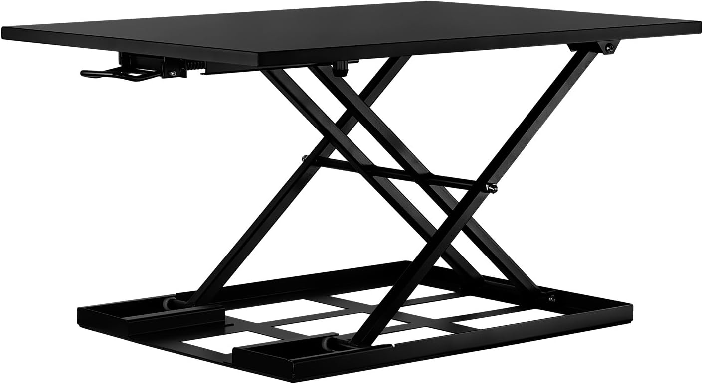 Mount-It! Standing Desk Converter, Sit Stand Desk Riser with Gas Spring, Ergonomic Height Adjustable Desktop Platform, Collapsible Slim Profile, Preassembled Workstation for Home & Office, Black