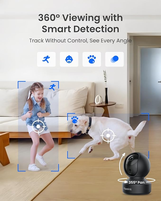 REOLINK E1 Pro(Black) 3K PT Wi-Fi Indoor Camera for Baby & Pet Monitoring, Auto Tracking, 5MP Night Vision Enhanced by F1.6 Aperture, Person/Pet/Baby Crying Detection, 2.4/5GHz Wi-Fi, Two-Way Audio