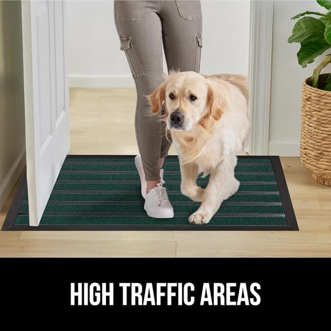 GORILLA GRIP 100% Waterproof All-Season WeatherMax Doormat US Designed Natural Rubber, Stain and Fade Resistant, Low Profile Indoor Outdoor Door Mats, Easy Clean Patio Mat, 23x35, Green Stripe