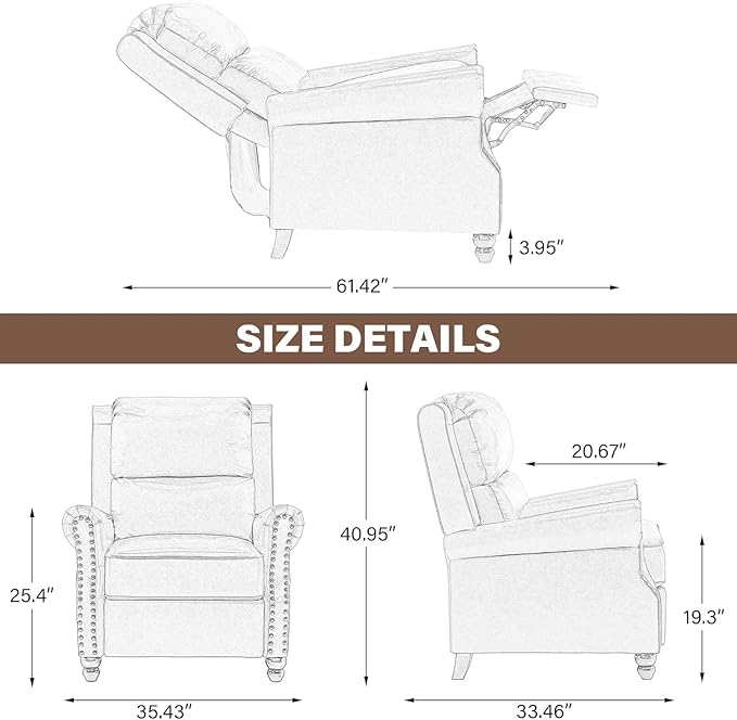 UIXE Pushback Recliner Chairs Set of 2, Faux Leather Armchair Push Back Accent Chair for Living Room, Rivet Trim Club Arm Chair Overstuffed Home Theater Single Sofa Reading Seat with Footrest - Gray