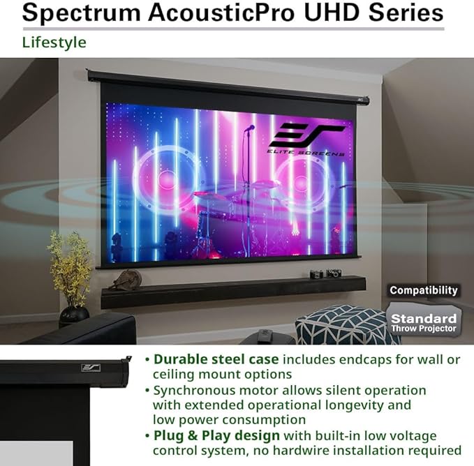 Elite Screens Spectrum AcousticPro UHD, 100-INCH Motorized Electric Projector Screen Moiré-Free Sound Transparent Perforated Weave Movie Home Theaters, ELECTRIC100H2-AUHD