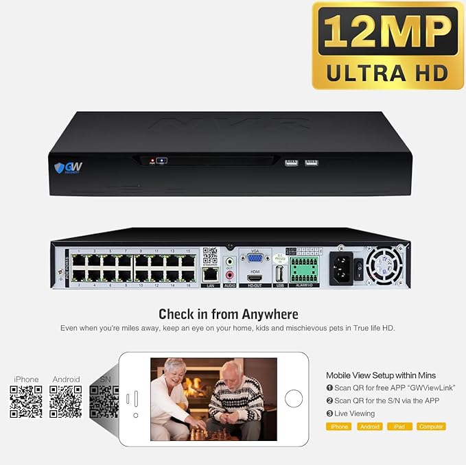 GW Security 16 Channel NVR UltraHD 12MP 4K @30FPS Face/Human/Vehicle Detection PoE Security Camera System with 12 x 12MP IP Microphone Smart AI Dome Cameras, Color Night Vision, Outdoor/Indoor Camera
