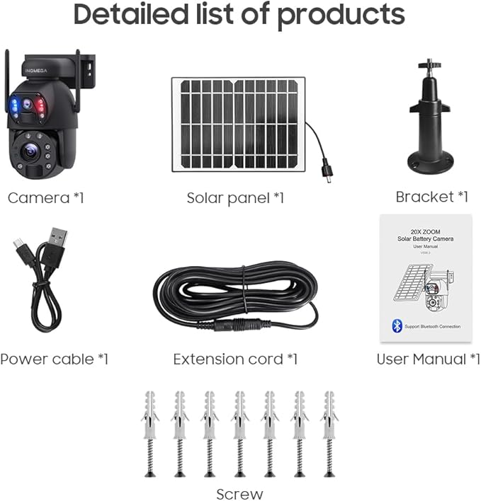 INQMEGA [50X Optical Zoom] Metal 4G LTE Cellular Solar Camera,6MP Solar Camera Wireless Outdoor,12000mAh Battery& 6W Solar Panel,Color Night Vision,Dual Screen,Include 4G Card
