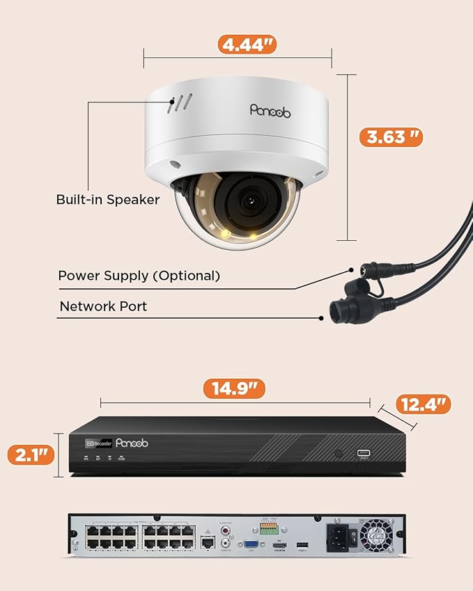 4K 16 Channel PoE Security Camera System, 16x 8MP IK10 Vandal Dome Cameras with Human Vehicle Detection, Smart Color Night Vision, 2 Way Audio, 24/7 Remote Access, 4TB HDD NVR, PD54Y1616-8M