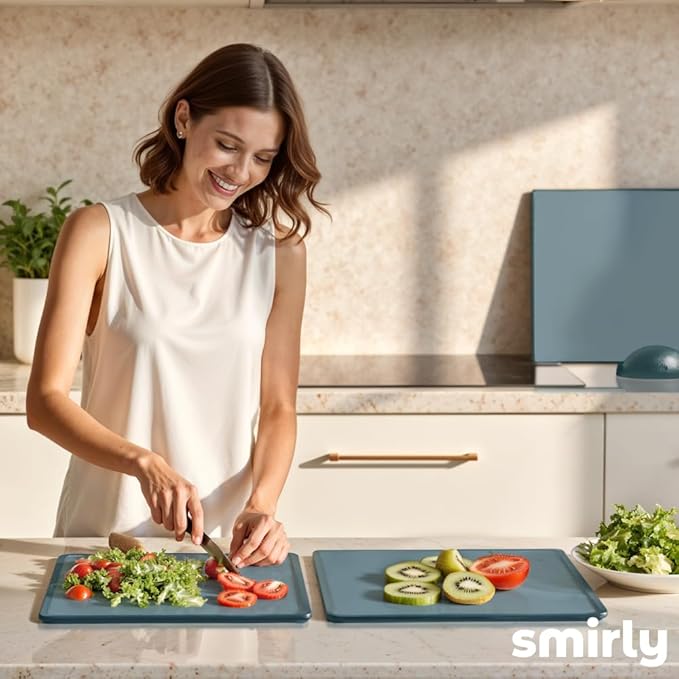 SMIRLY Plastic Cutting Board Set with Holder 4 Pieces, Non-Slip Dishwasher Safe Chopping Boards for Kitchen, Blue
