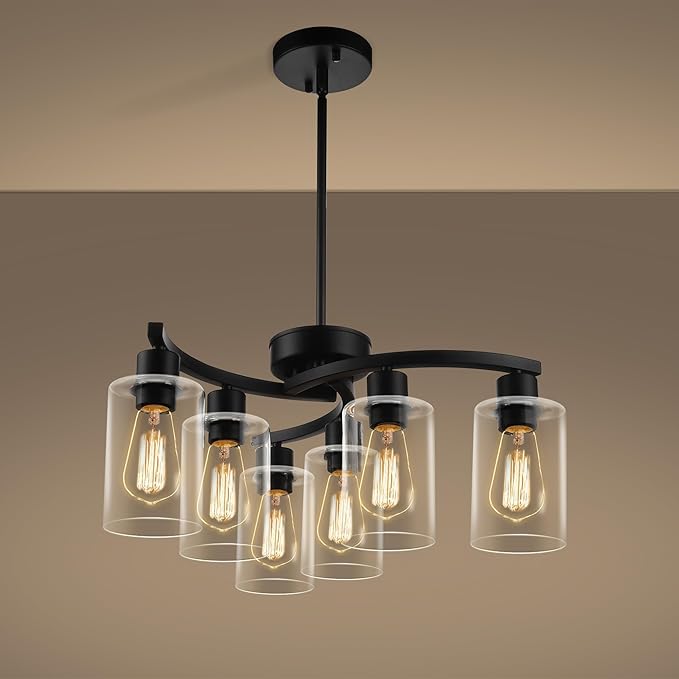 6-Light Modern Farmhouse Black Chandelier, Contemporary Dining Room Light Fixture, Adjustable Height Hanging Industrial Pendant Lights Kitchen Island, Clear Glass Shade