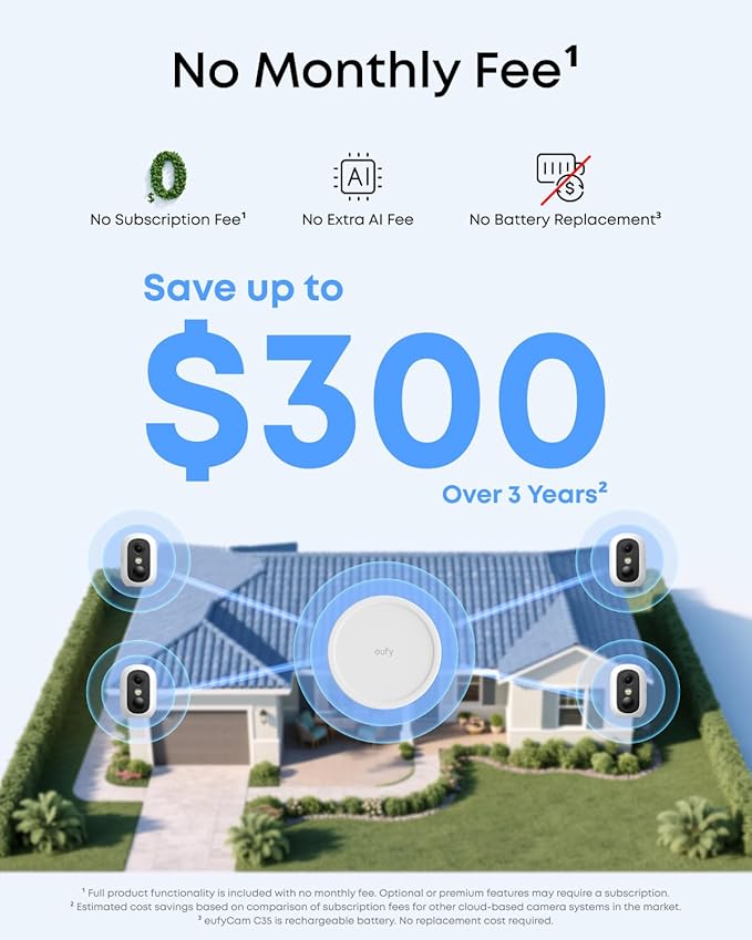 eufy Security eufyCam C35 4-Cam Kit, Wireless Security Indoor/Outdoor Camera, Magnetic Mount, Color Night Vision, Local Storage, No Monthly Fee, IP67, Facial Recognition, Solar Panel Compatible, White