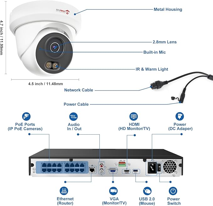 Anpviz 12MP 16CH NVR PoE Security Camera System, 8PCS 3K 6MP Wired IP Turret Cameras Outdoor with AI Human Vehicle Detection, Smart Color Night Vision, Built in Mic, 12MP PoE NVR with 4TB HDD, NDAA
