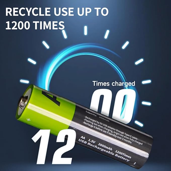 2000mAh USB-C Rechargeable AA Batteries, 1200 Cycles Life, Fast Charging with Type-C Cable, for Gaming Controllers, Mouse, Keyboard & Home Electronics, Black Green (12)