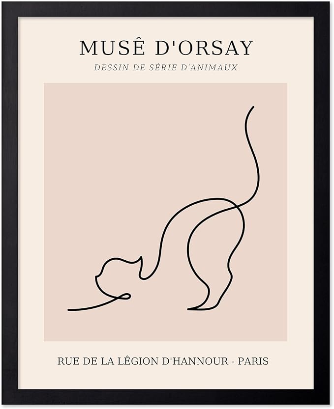 Poster Master Vintage Poster - Retro One Line Cat Drawing Print - Cat Art - Minimal Gift for Men, Women, Animal Lover - Abstract Wall Decor for Home, Office, Bedroom, 11x14 Black Framed