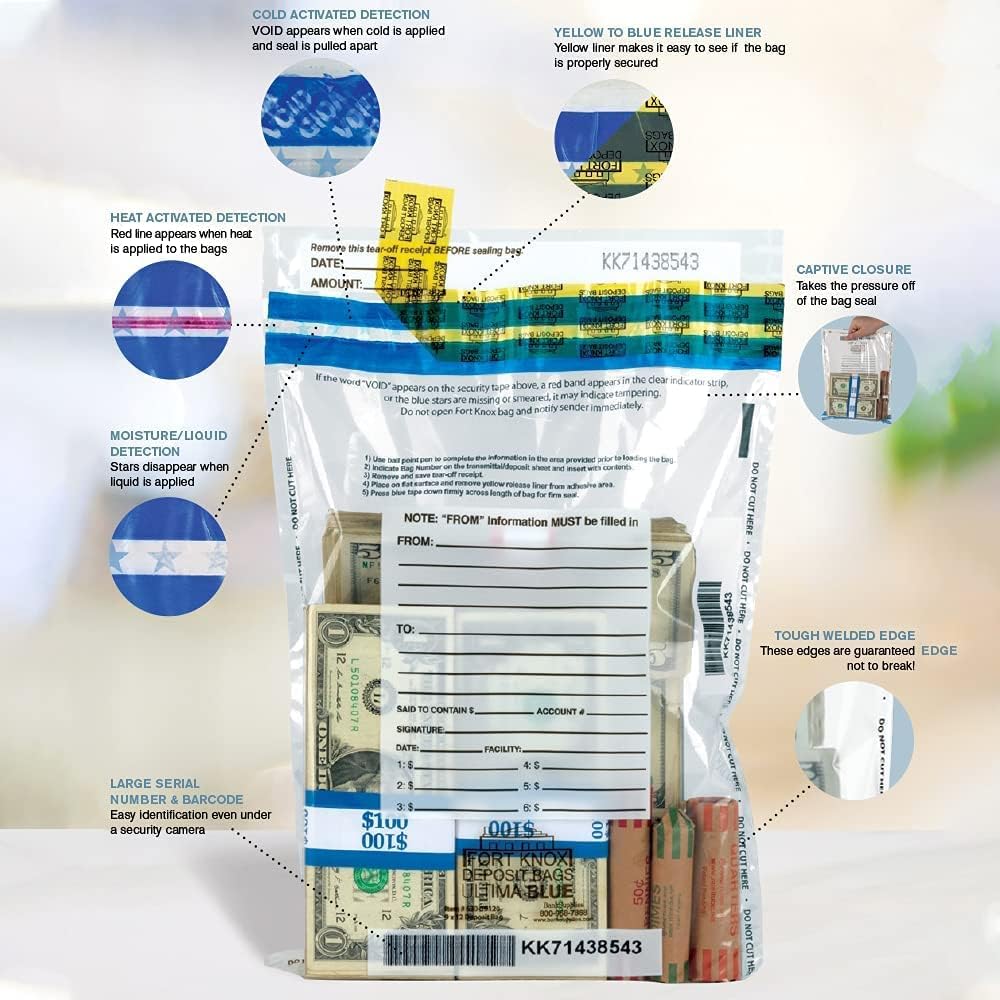 BankSupplies Ultima Blue Cash Transmittal Bags | 9W x 12H | Pack of 500 | Captive Flap Closure | Tamper Evident Tape | Write-On Panel | Heat, Cold & Moisture Detection | Deposit Plastic Bags