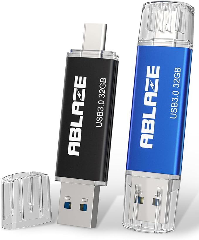 ABLAZE USB C Flash Drive 32GB 2 Pack, Dual USB 3.0+Type C Flash Drive Compatible with iPhone 16/15, Android Smartphone, Computer,Tablet Mac Laptop (2 Pack)